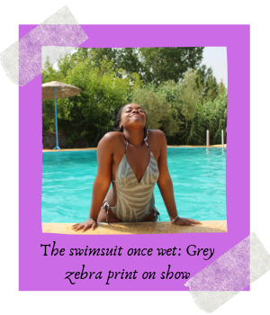 Caption reads: The swimsuit once wet: Grey zebra print on show