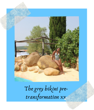 Caption reads: The grey bikini pre-transformation xx
