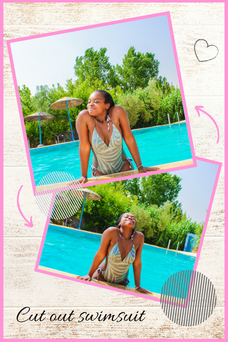 Pinterest pin of me in the mermaid swimsuit. Text reads: Cut out swimsuit