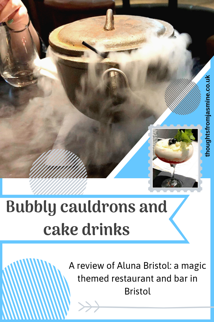 Pinterest pin. Text reads: Bubbly cauldrons and cake drinks. A review of Aluna Bristol.
