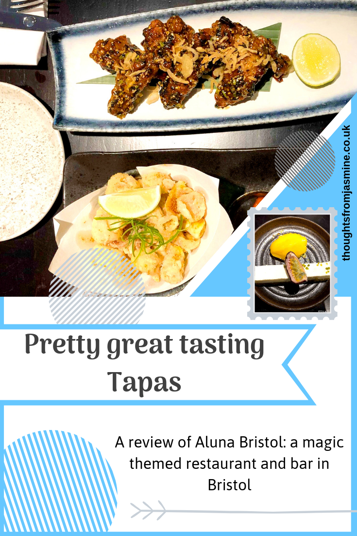 Pinterest pin. Text reads: Pretty great tasting Tapas. A review of Aluna Bristol.