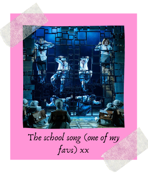 Photo from the musical. Caption reads: The school song (one of my favs xx)