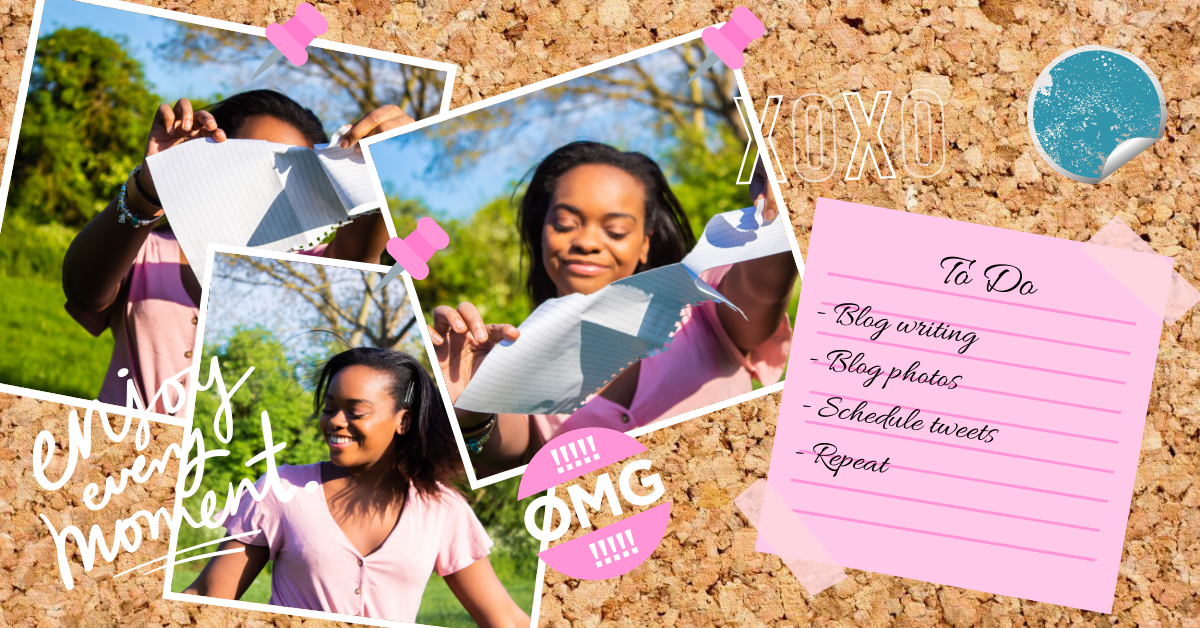 Featured image for my Time for Change blog post: Author in pink T-shirt with buttons down the front. In one photo she is smiling and happy, in the other she is ripping up her uni notes now that uni is over.