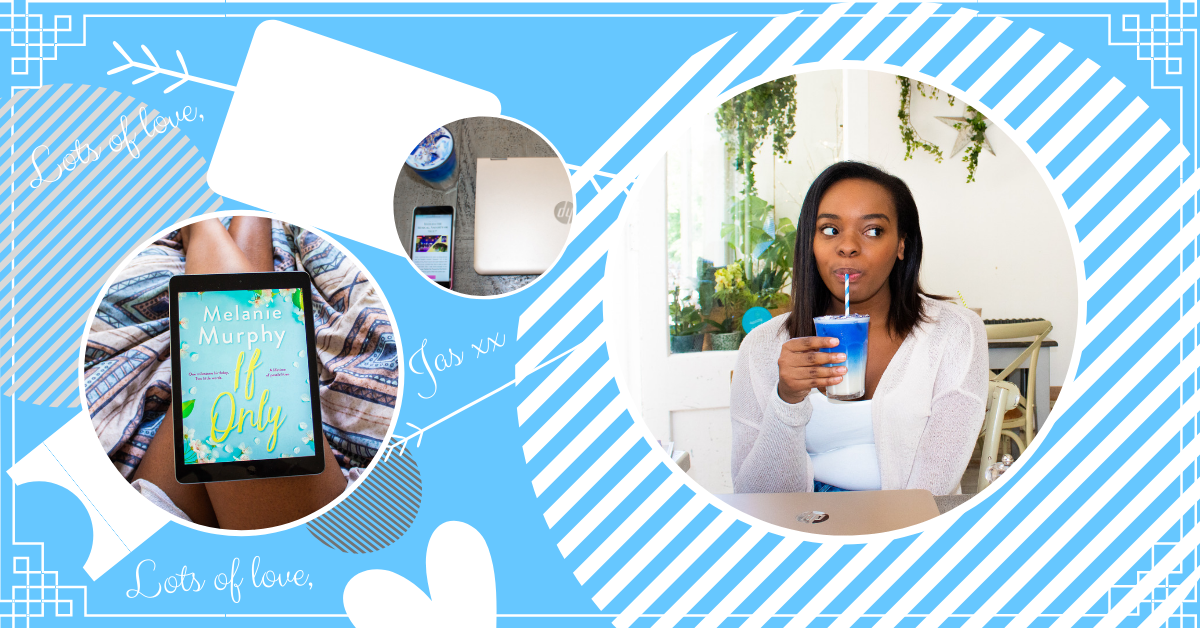 Featured image featuring image of a book, the author drinking a coffee, and a laptop. All implying images from her wishlist