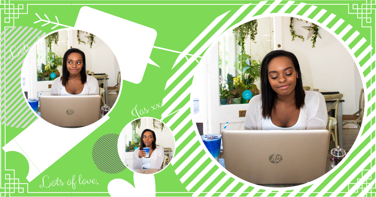 Compilation of images promoting the blog life balance, in which I am sitting on my laptop