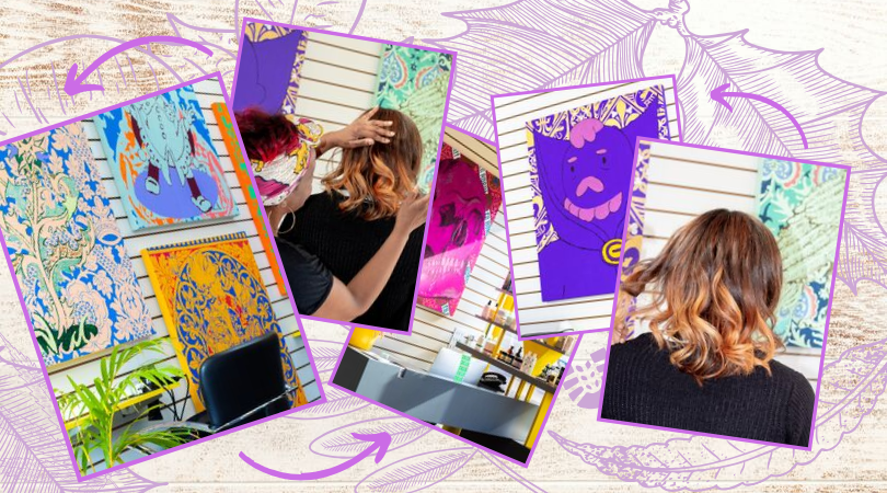compilation of pictures of the interior of DKUK and my hair which is curled and a dark brown to copper balayage