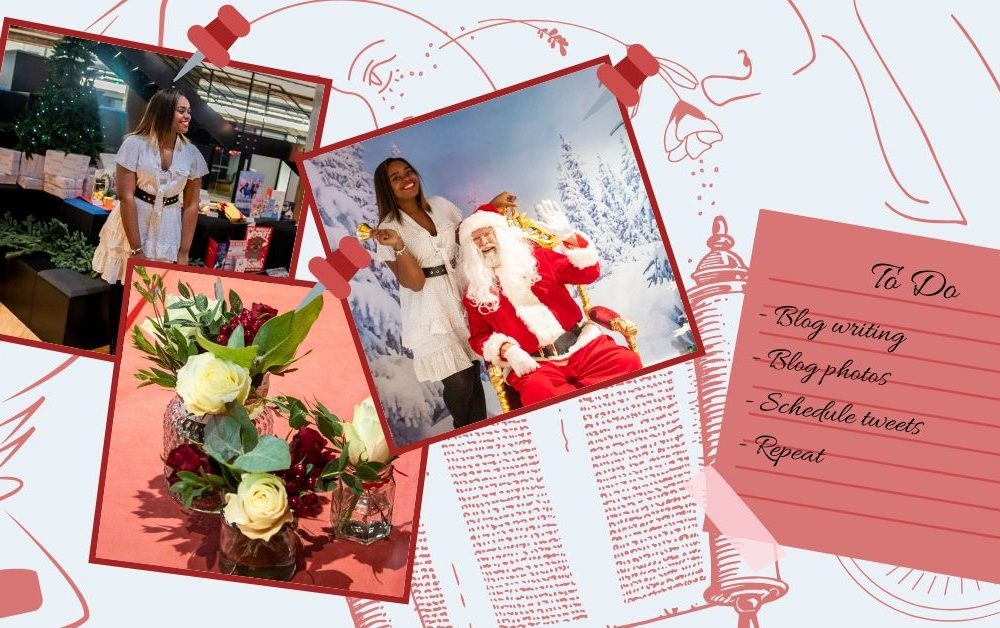 Compilation of images from the Moonpig Heartfelt Christmas event. These include a photo of me in Santas Grotto, a photo of the flowers I made and a photo of me standing infront of a tree.
