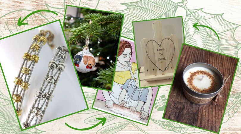 A compilation of independent gifts. These include: guitar string bracelets, pet baubles, a theatre painting, an iPad stand and a soy candle.