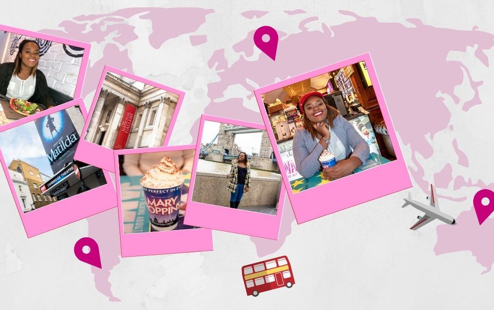 compilation of images of ways to do London on the cheap. Photo includes girl smiling with pizza, girl at a cafe, some hot chocolate, and a girl posing in front of tower bridge