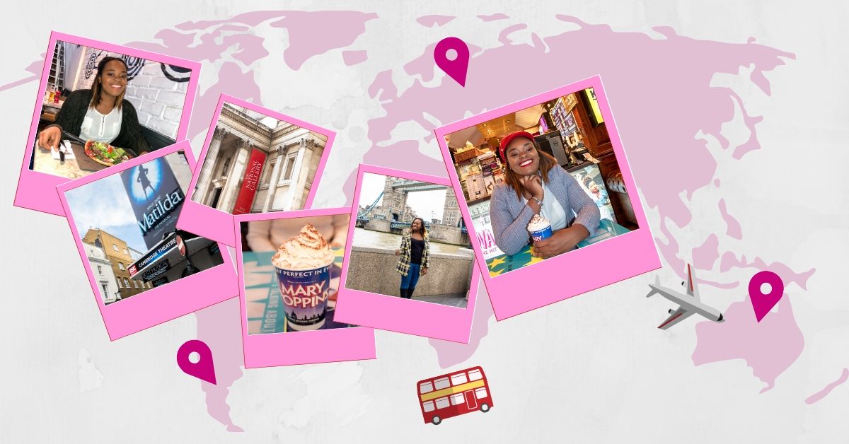 compilation of images of ways to do London on the cheap. Photo includes girl smiling with pizza, girl at a cafe, some hot chocolate, and a girl posing in front of tower bridge