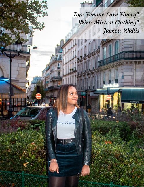 Me in a black leather jacket from Wallis, with a top from Femme Luxe Finery that says "Nothing to wear", and a blue velvet skirt from Mistral clothing