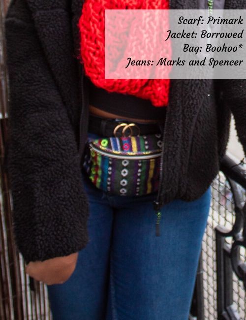Close up of my multicoloured bumbag from Boohoo.