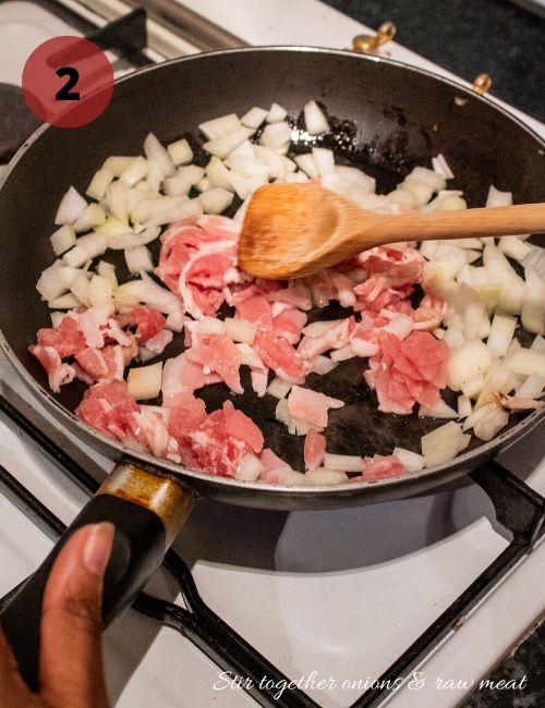 A photo of my frying the onione and bacon in my Christmas leftover pie