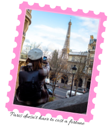 Photo of me taking a photo of the Eiffel Tower. Text reads: Paris doesn't have to be expensive.