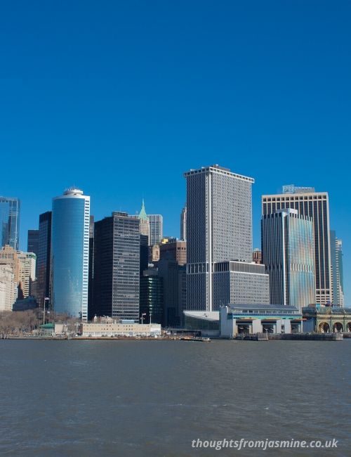 Photo of the New York Skyline from a boat.