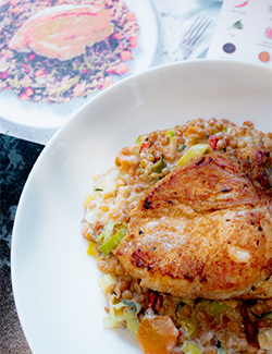 A photo of my Hello Fresh pan fried chicken and creamy lentils