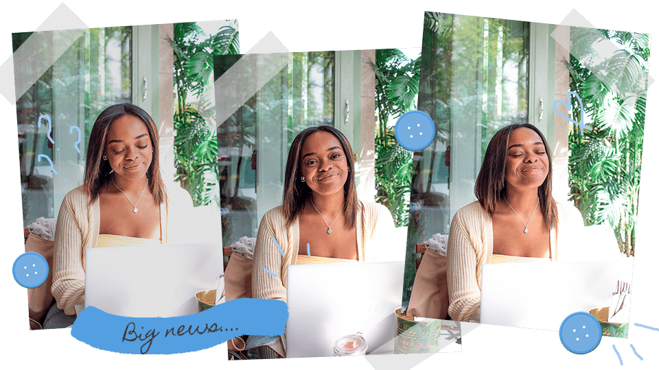 3 photos of author Jasmine Burke sitting with laptop, with small piece of text that reads "Big news"