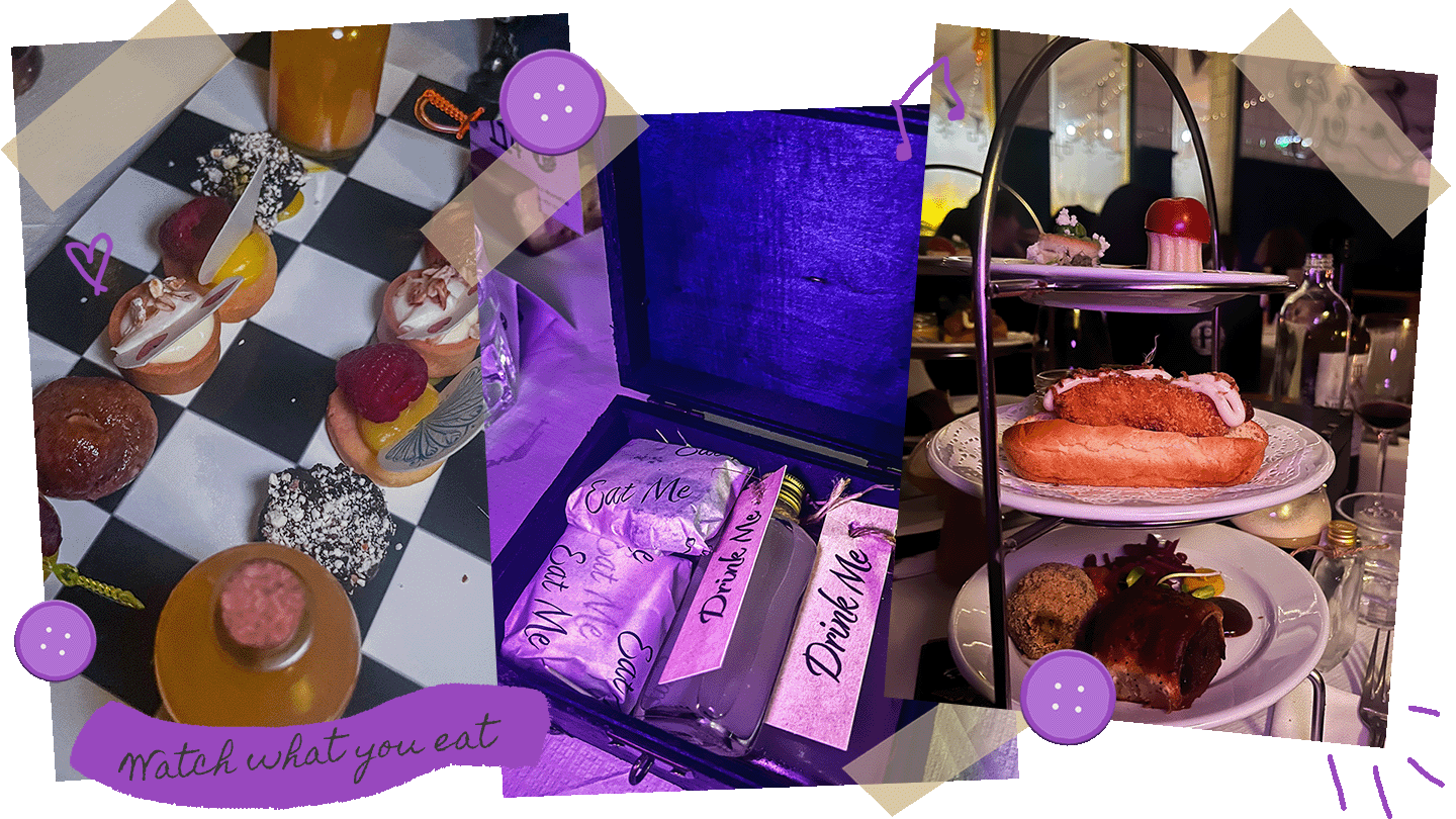 A compilation of 3 images from Tastefilm featuring the chessboard dessert, afternoon tea main, and "drink me, eat me" chest