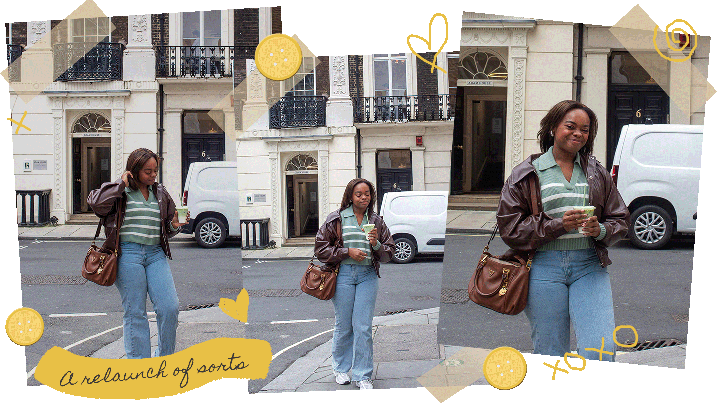 ompilation of images of the author standing and smiling with a coffee. Giving cosy Sunday vibes