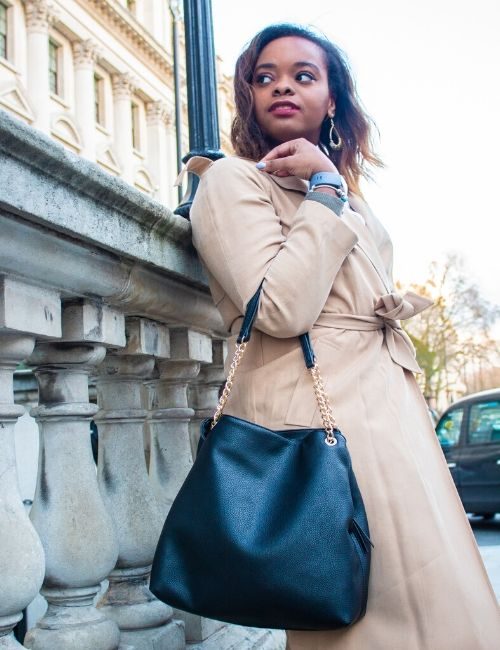 Photo of me in my beige trench coat, holding my black bag